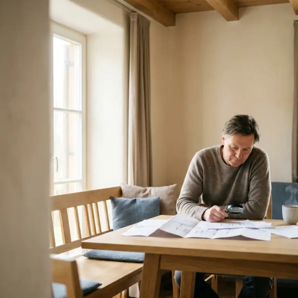 Hausbesitzer prüft Grundrisse und Immobiliendokumente an hellem Eichentisch mit Kaffee, natürliches Tageslicht, süddt. Wohnambiente.