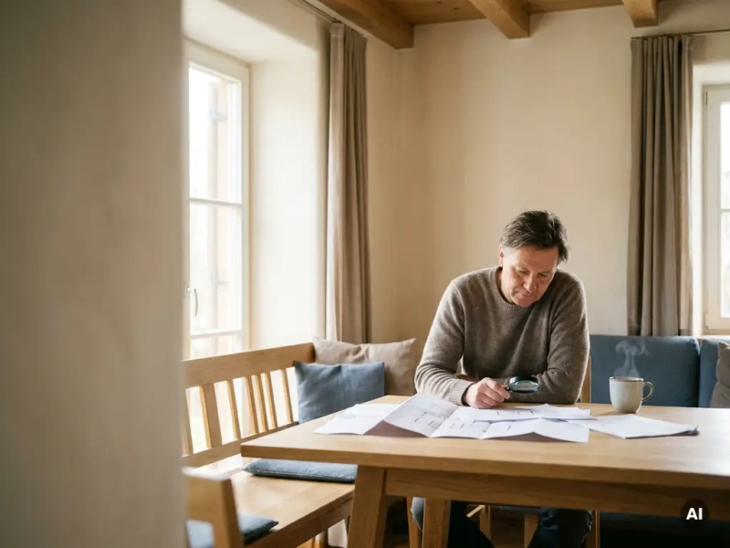 Hausbesitzer prüft Grundrisse und Immobiliendokumente an hellem Eichentisch mit Kaffee, natürliches Tageslicht, süddt. Wohnambiente.