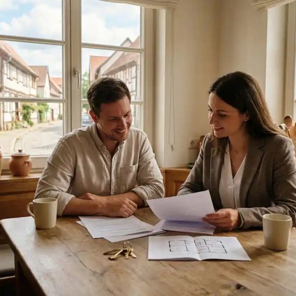 Hausbesitzer und Immobilienmakler besprechen Kaufunterlagen am Holztisch mit Hausschlüssel und Grundriss, süddeutsche Wohnstraße im Hintergrund.