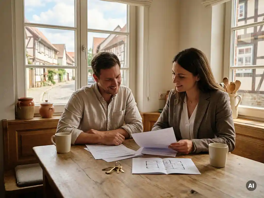 Hausbesitzer und Immobilienmakler besprechen Kaufunterlagen am Holztisch mit Hausschlüssel und Grundriss, süddeutsche Wohnstraße im Hintergrund.