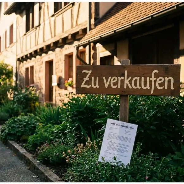 Verkaufsschild im gepflegten Vorgarten eines Freiburger Altstadthauses mit Sandsteinfassade, Fachwerk und Immobilienbewertung im Abendlicht.