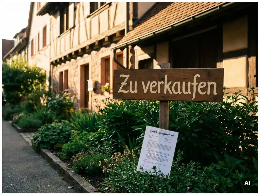 Verkaufsschild im gepflegten Vorgarten eines Freiburger Altstadthauses mit Sandsteinfassade, Fachwerk und Immobilienbewertung im Abendlicht.