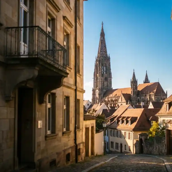 Freiburger Altstadt mit dem Münster-Turm über terrakottafarbenen Dächern im goldenen Nachmittagslicht.