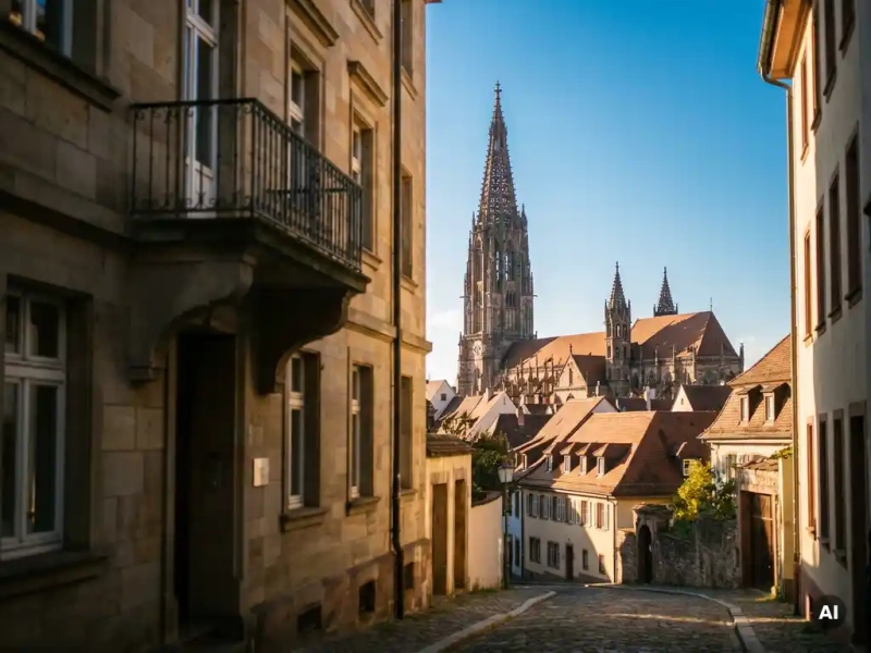 Freiburger Altstadt mit dem Münster-Turm über terrakottafarbenen Dächern im goldenen Nachmittagslicht.