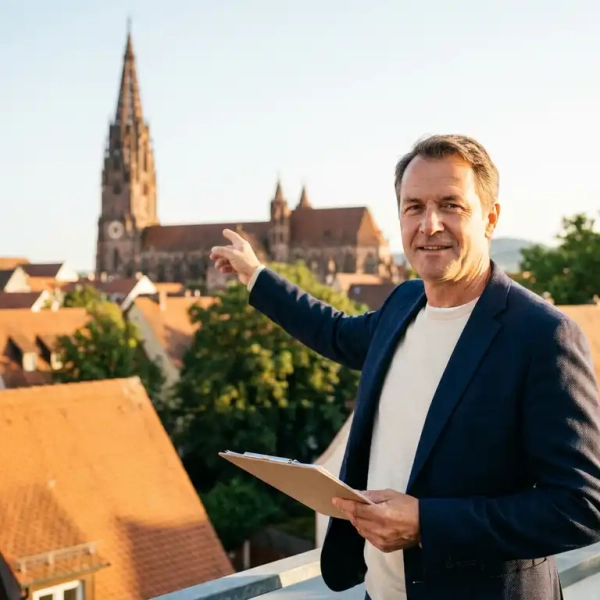 Immobilienmakler mit Klemmbrett vor Freiburger Altstadt-Skyline mit dem Münster im goldenen Abendlicht.