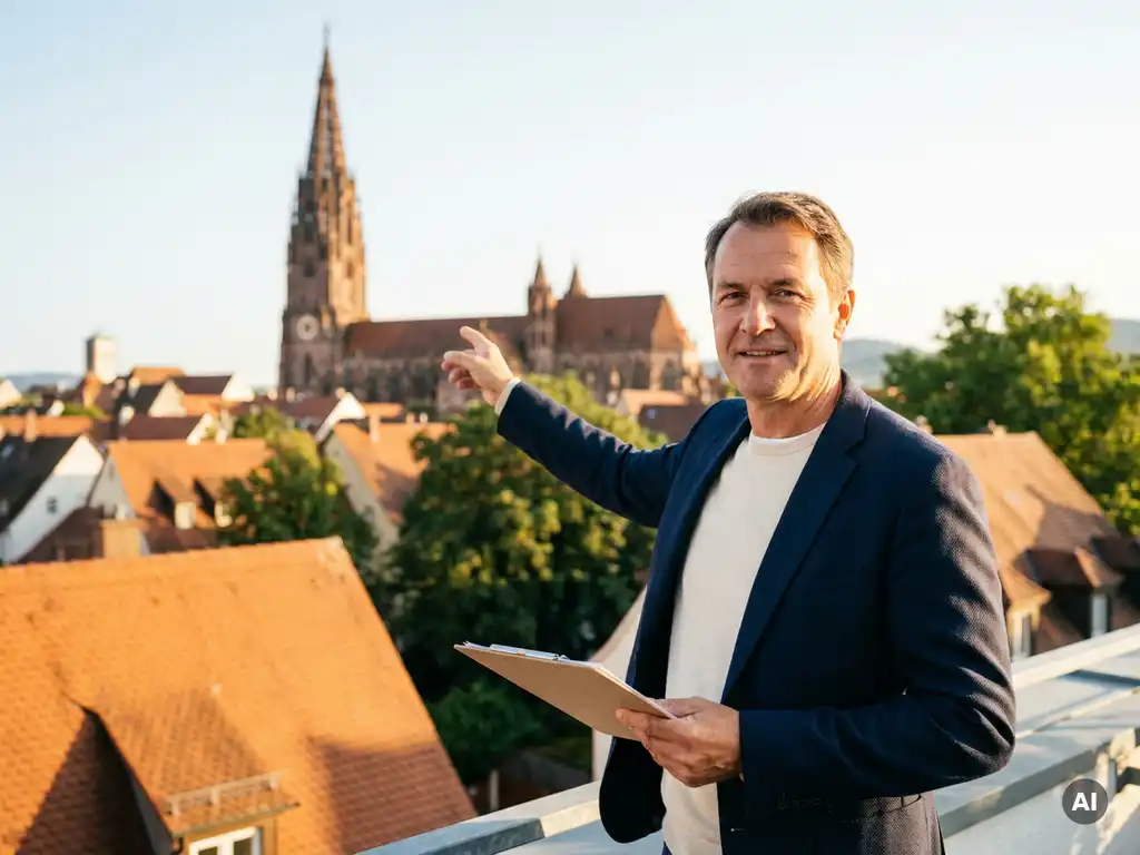 Immobilienmakler mit Klemmbrett vor Freiburger Altstadt-Skyline mit dem Münster im goldenen Abendlicht.