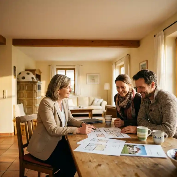 Immobilienmakler bespricht Grundrisse und Unterlagen mit Eigentümerpaar am Esstisch in süddt. Wohnhaus.