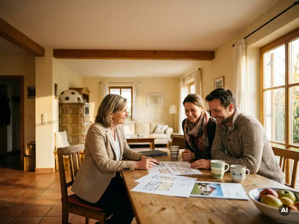 Immobilienmakler bespricht Grundrisse und Unterlagen mit Eigentümerpaar am Esstisch in süddt. Wohnhaus.