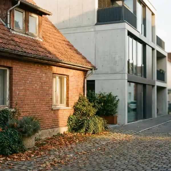 Verwittertes Backsteinhaus aus den 1960ern neben modernem Freiburger Stadthaus, Herbstlaub auf Kopfsteinpflaster im goldenen Nachmittagslicht.
