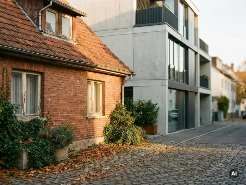 Verwittertes Backsteinhaus aus den 1960ern neben modernem Freiburger Stadthaus, Herbstlaub auf Kopfsteinpflaster im goldenen Nachmittagslicht.