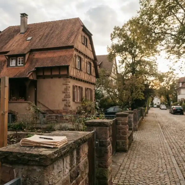 Freiburger Wohnstraße mit Badener Stadthaus, Hypothekendokumenten auf einer Steinmauer und leerem Gartenposten im goldenen Nachmittagslicht.