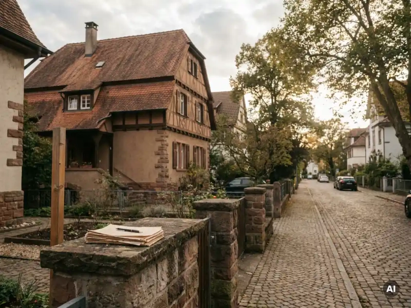 Freiburger Wohnstraße mit Badener Stadthaus, Hypothekendokumenten auf einer Steinmauer und leerem Gartenposten im goldenen Nachmittagslicht.