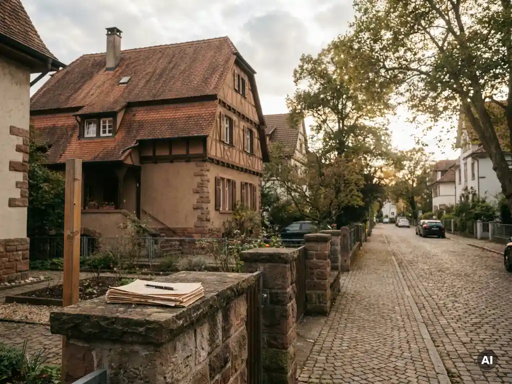 Freiburger Wohnstraße mit Badener Stadthaus, Hypothekendokumenten auf einer Steinmauer und leerem Gartenposten im goldenen Nachmittagslicht.