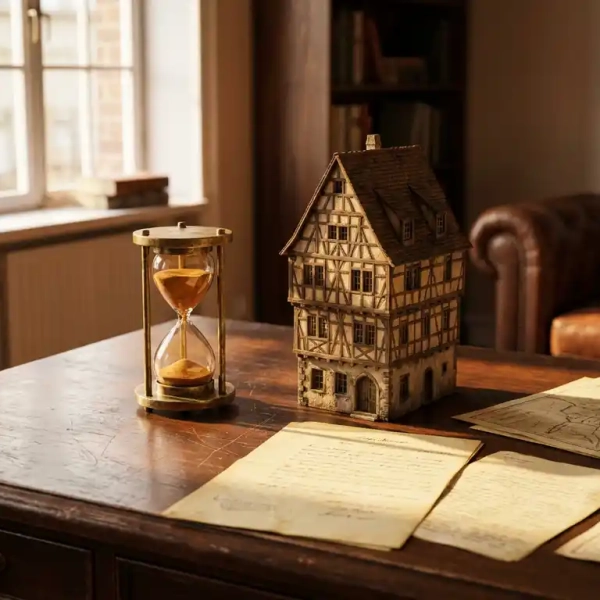 Vintage-Sanduhr auf Holzschreibtisch neben Architekturmodell eines Freiburger Stadthauses mit Immobiliendokumenten im warmen Nachmittagslicht.
