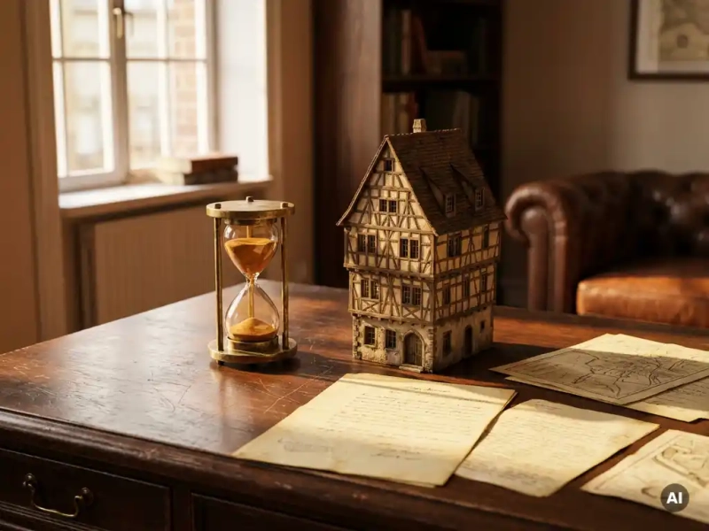 Vintage-Sanduhr auf Holzschreibtisch neben Architekturmodell eines Freiburger Stadthauses mit Immobiliendokumenten im warmen Nachmittagslicht.