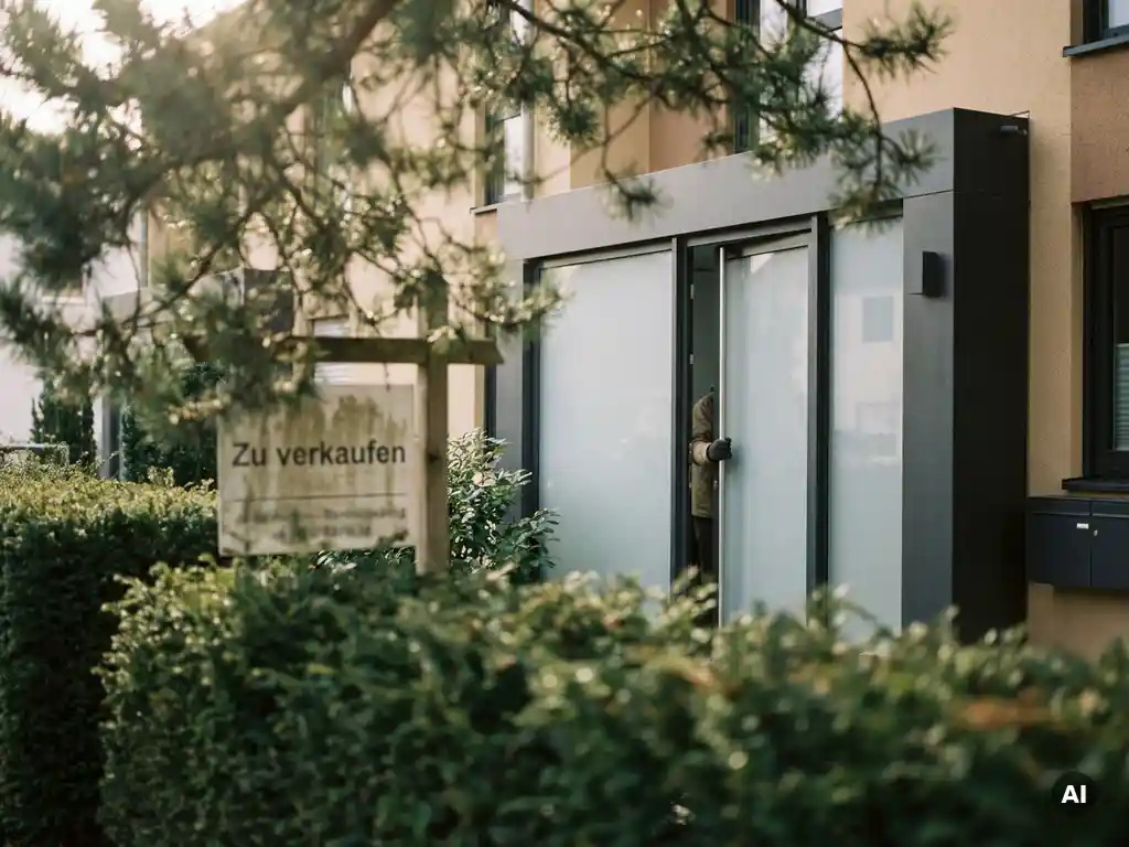 Hausbesitzer schließt Milchglastüren eines modernen Freiburger Stadthauses, Verkaufsschild hinter üppiger Gartenhecke, warmes Nachmittagslicht.