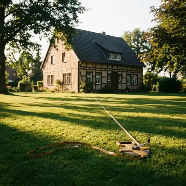 Maßband auf sonnenbeschienem Rasen eines deutschen Einfamilienhauses, umgeben von reifen Bäumen im goldenen Abendlicht.