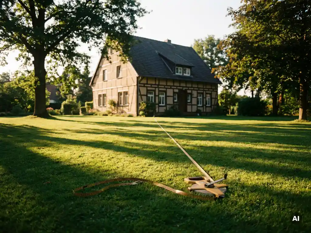 Maßband auf sonnenbeschienem Rasen eines deutschen Einfamilienhauses, umgeben von reifen Bäumen im goldenen Abendlicht.