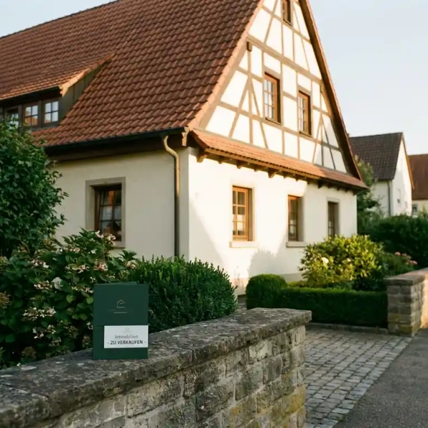 Traditionelles deutsches Wohnhaus in Gundelfingen mit gepflegtem Garten, Immobilienmakler-Mappe auf Steinmauer im warmen Nachmittagslicht.