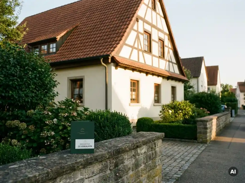 Traditionelles deutsches Wohnhaus in Gundelfingen mit gepflegtem Garten, Immobilienmakler-Mappe auf Steinmauer im warmen Nachmittagslicht.