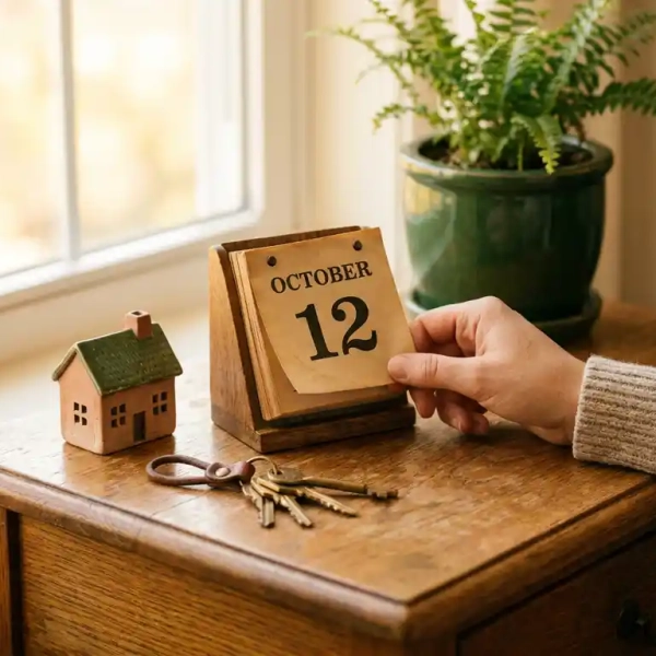 Holzkalender mit umgeblätterter Seite, Hausschlüssel und Miniaturhaus auf sonnenbeschienem Eichentisch – Immobilienplanung in Freiburg.