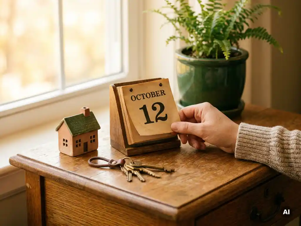 Holzkalender mit umgeblätterter Seite, Hausschlüssel und Miniaturhaus auf sonnenbeschienem Eichentisch – Immobilienplanung in Freiburg.