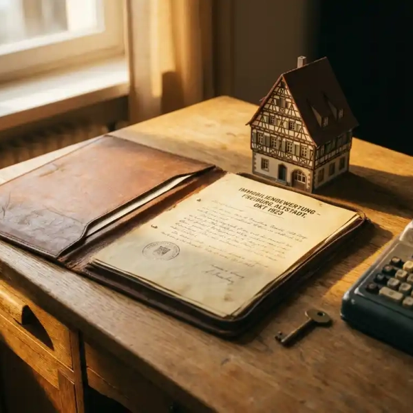 Aufgeschlagener Lederordner mit Immobilienbewertung, Miniaturmodell eines Freiburger Altstadthauses, Taschenrechner und Messingstück auf sonnenbeschienem Eichentisch.