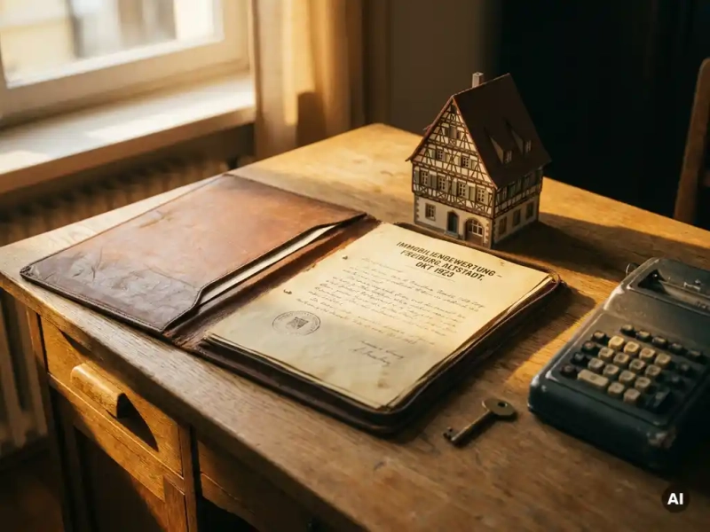 Aufgeschlagener Lederordner mit Immobilienbewertung, Miniaturmodell eines Freiburger Altstadthauses, Taschenrechner und Messingstück auf sonnenbeschienem Eichentisch.