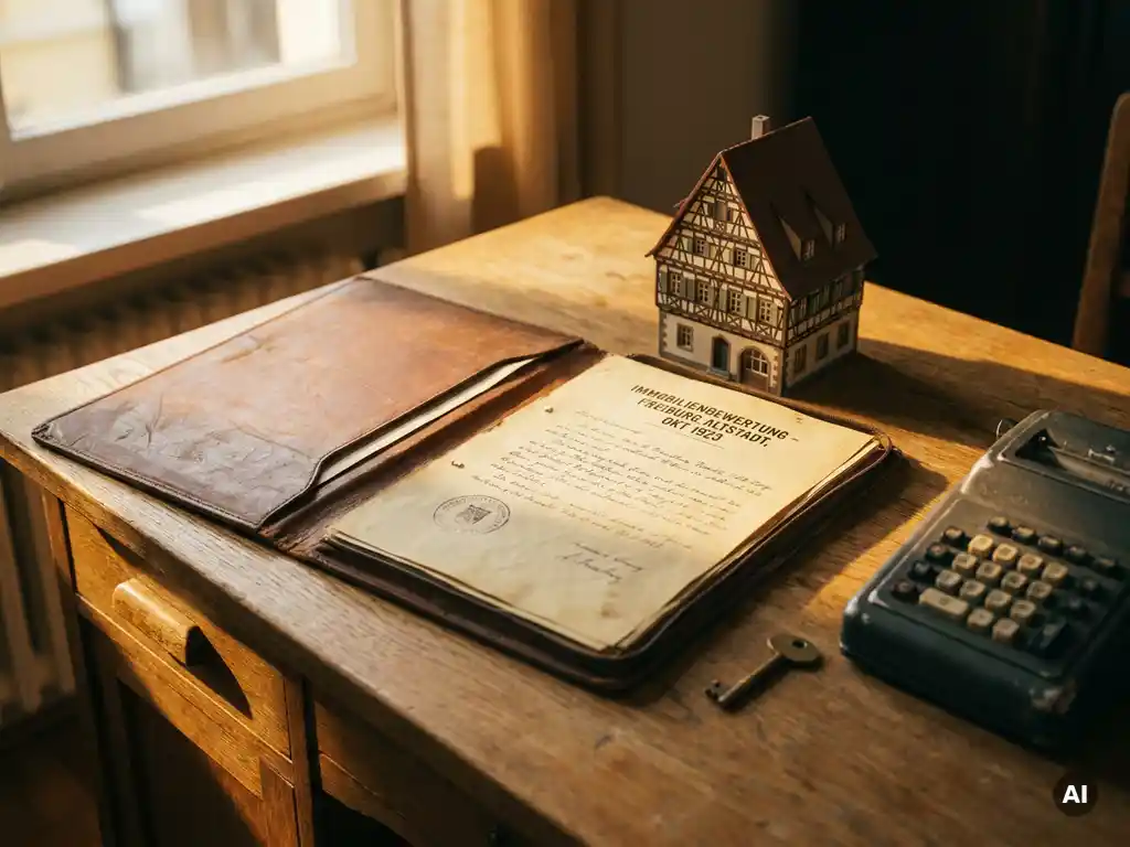 Aufgeschlagener Lederordner mit Immobilienbewertung, Miniaturmodell eines Freiburger Altstadthauses, Taschenrechner und Messingstück auf sonnenbeschienem Eichentisch.