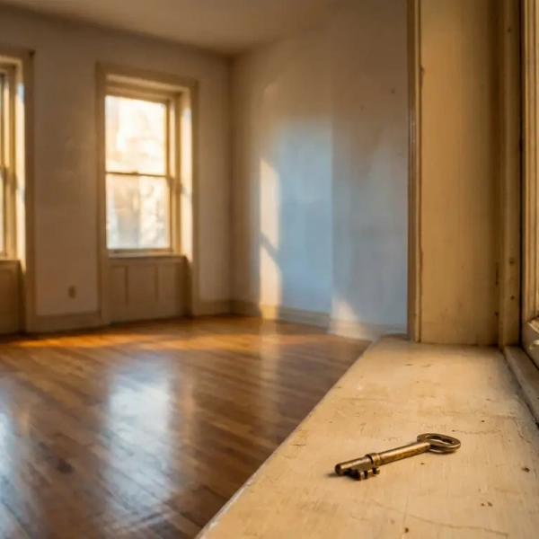 Leere Wohnung mit Eichenparkett im Sonnenlicht, vergessener Schlüssel auf der Fensterbank, warme Goldtöne und weiche Schatten.