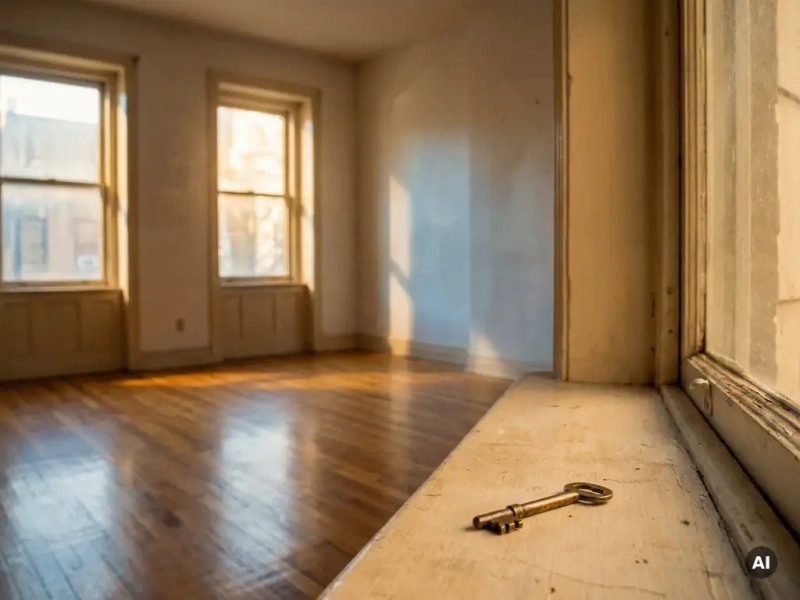 Leere Wohnung mit Eichenparkett im Sonnenlicht, vergessener Schlüssel auf der Fensterbank, warme Goldtöne und weiche Schatten.