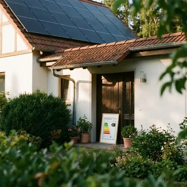 Saniertes Einfamilienhaus mit Solaranlage auf dem Dach und Energieausweis an der Haustür, umgeben von einem gepflegten Garten.