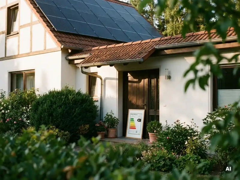 Saniertes Einfamilienhaus mit Solaranlage auf dem Dach und Energieausweis an der Haustür, umgeben von einem gepflegten Garten.